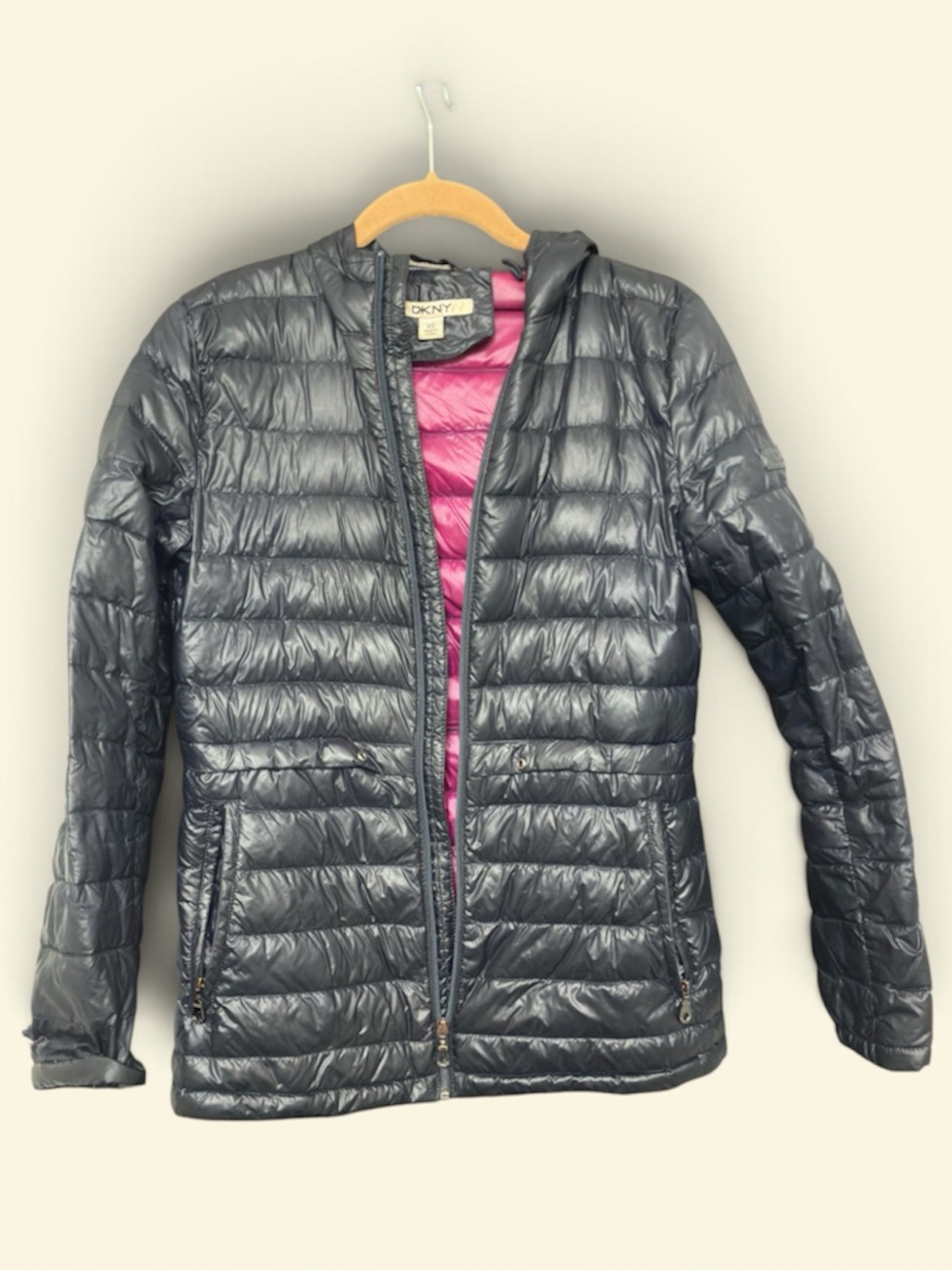 DKNY navy Puffer Jacket mid length